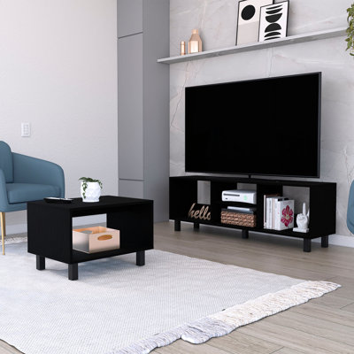 Stylish Living Room In Black: Tv Rack And Coffee Table 2 Ensemble For A Comfortable Home