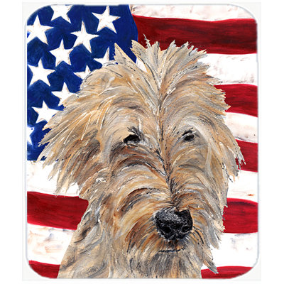 Trinx Patriotic Goldendoodle USA American Flag Glass Cutting Board