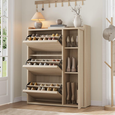 Armoire à chaussures avec 3 tiroirs rabattables et porte latérale, range-chaussures dissimulé avec tablettes réglables, armoire à chaussures autoportante en bois pour entrée, couloir, salon