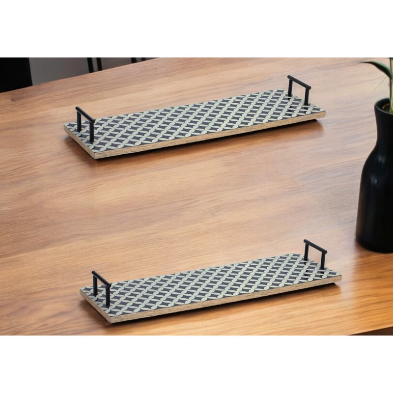 Ensemble de deux plateaux de service en bois massif bleu avec poignées