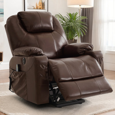 Fauteuil inclinable électrique en cuir 42 po avec massage et chauffage, siège inclinable électrique pour les personnes âgées, ports USB, poches latérales, porte-gobelets