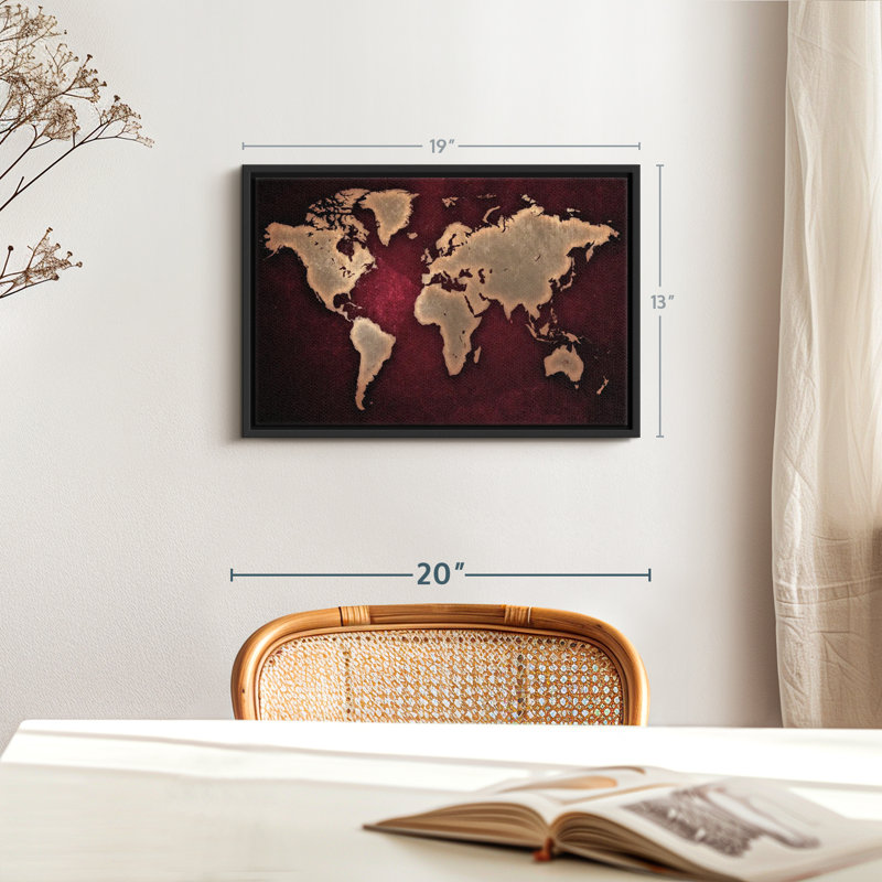 «Maroon World Map Wall Art», H 13 po x l 19 po
