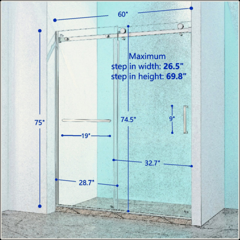 Porte de douche coulissante simple semi-cadre en acier inoxydable 304, verre trempé clair de 5/16 po (8 mm) de large épaisseur