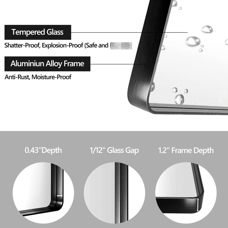 Miroir de salle de bain 20 po x 30 po avec cadre en aluminium noir - reflet net, cadre rouillé, membrane résistante, supports en Z pour une suspension sécurisée, emballage sécuritaire, verre flotté et installation facile, emballage