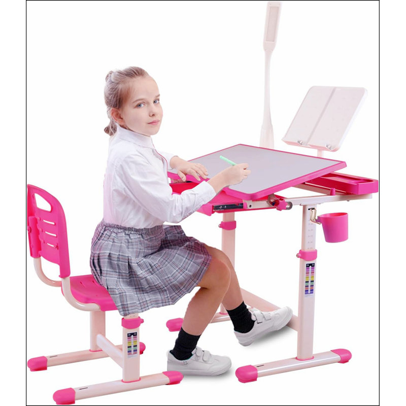 Desk for Kids Desk and Chair Set Kids Art Desk Drafting Table Desk Set with Adjustable Height, 40-Degree Tiltable Children Desktop, LED Light,Bookstand