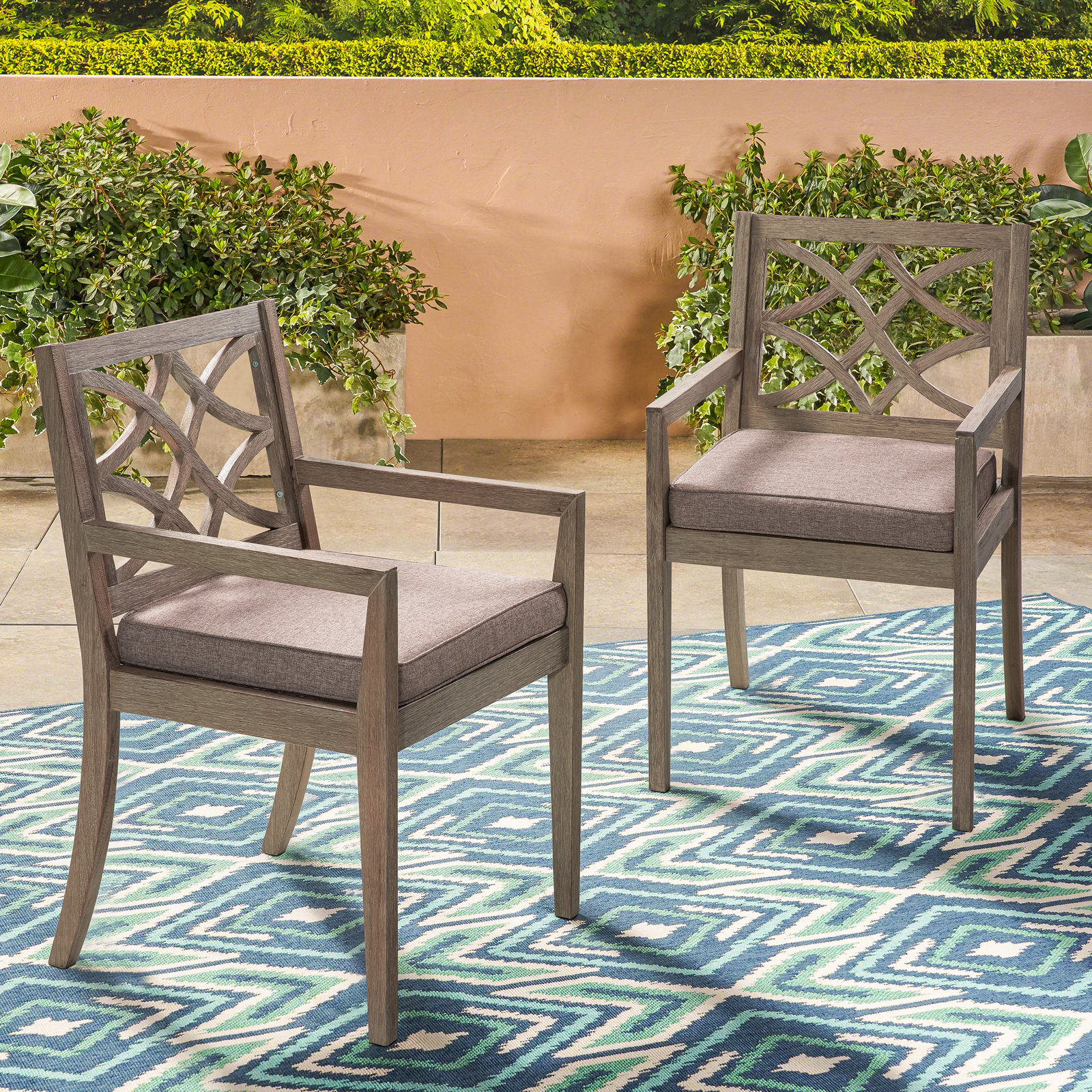 Morell Eucalyptus Patio Dining Chair with Cushion (Set of 2), Gray Cushion/Dark Brown Wood Frame