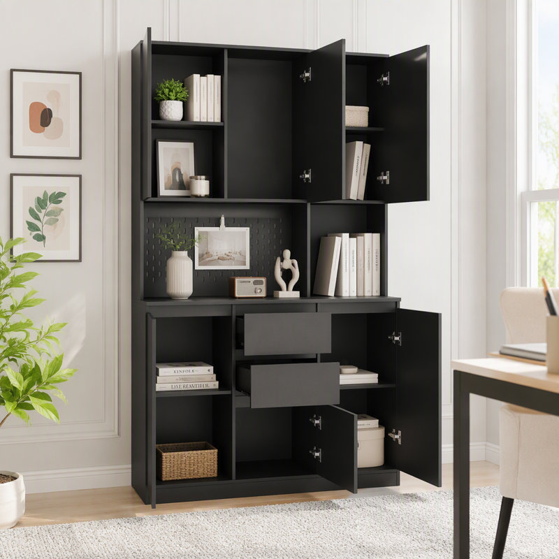 Armoire de cuisine 74 po avec 6 portes, 3 tablettes et 2 tiroirs, Noir