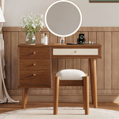 39" Retro Bohemian Style Wooden Makeup Vanity Set With Charging Plug&USB Port And Stool, Dressing Table With 3 Storage Drawers And 1 Rectangular Ratta by Dakota Fields