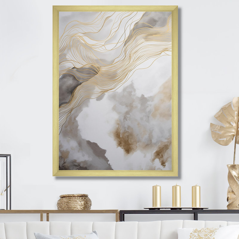 Art abstrait doré et gris V - impressions sur toile abstraites, H 32 po x l 24 po, Impression encadrée, Doré
