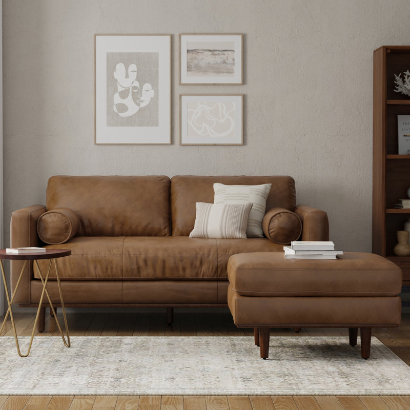 Morrison  Sofa and Ottoman Set in Genuine Leather, Caramel Brown Leather, 72 inch