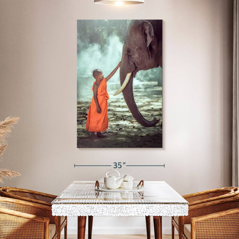Brampt Young Monk And Elephant, 51" H x 34" W