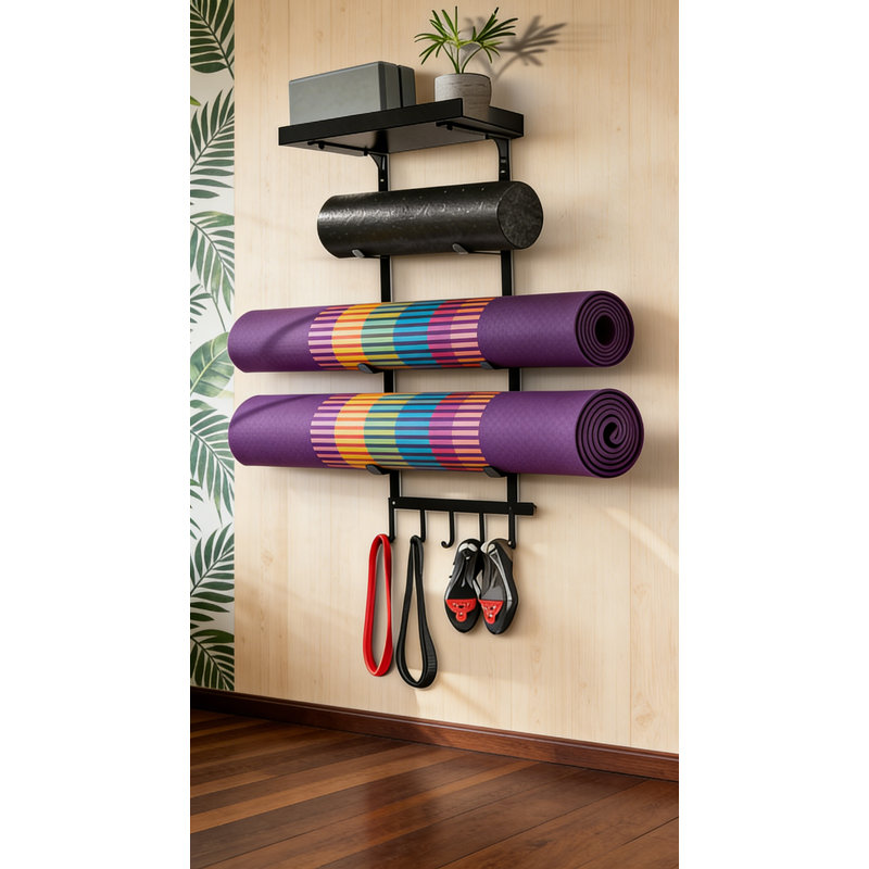 Wall Mounted Yoga Mat Holder With 4 Tiers & 5 Hooks, Floating Shelf Gym Storage