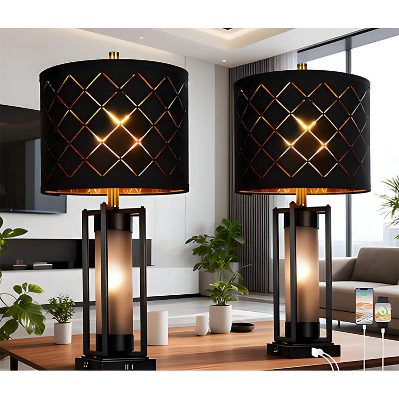 Modern Table Lamp Set Of 2 With USB Charging Ports, Nightstand Lamps With Checkered Shade, Bedside Lamps For Living Room And Bedroom, Includes Bulbs