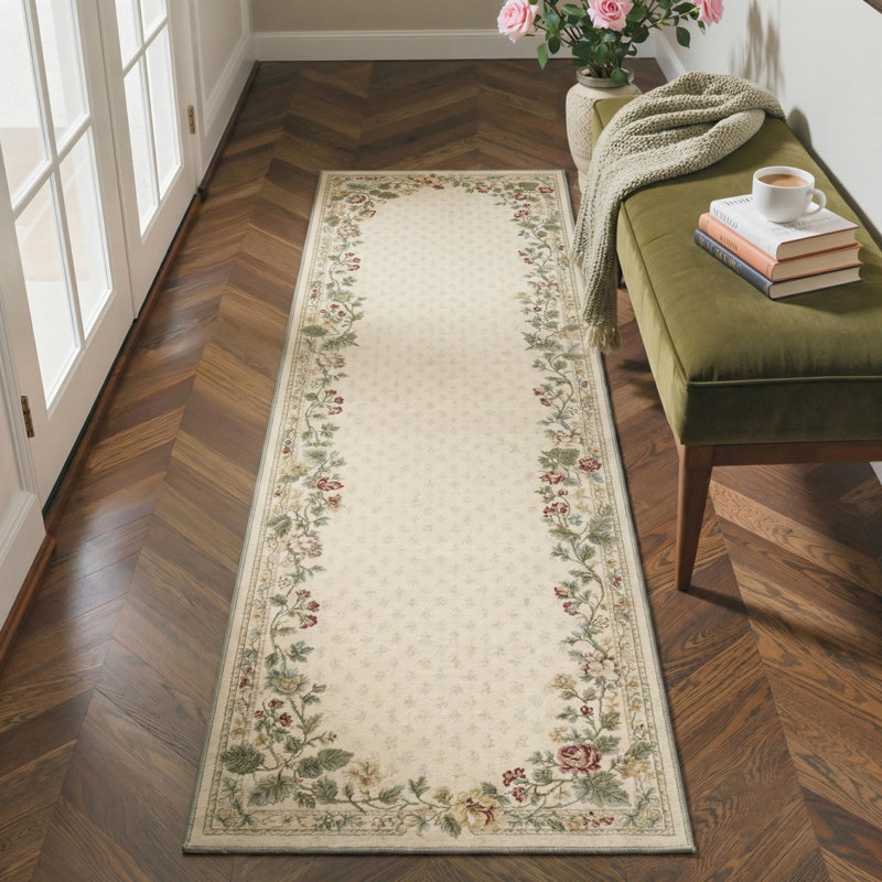Floral Machine Washable Beige/Light Green/Ivory Indoor Area Rug With Non-Slip Backing, Rectangle 6' x 9'
