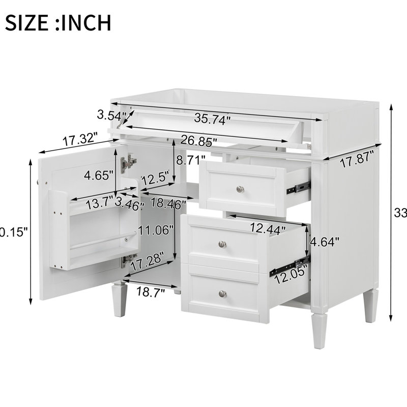 Meuble-lavabo moderne en bois massif de 36 po. 2 tiroirs et tiroir rabattable. Teinte blanche, idéale pour les armoires de 36 po et les tiroirs de rangement. Style minimaliste, blanc, style costumes