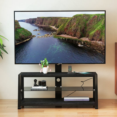 Wooden Storage TV Stand Black Tempered Glass Height Adjustable Universal Swivel Entertainment Center With Mount TV Stand