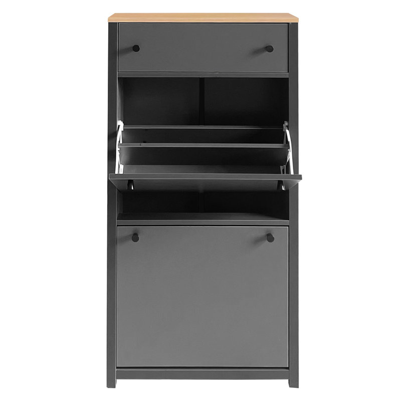 Armoire de rangement pour chaussures grise avec 2 tiroirs rabattables et des cloisons personnalisables pour les placards de couloir personnalisables