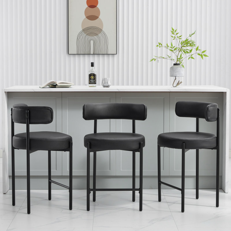 Najira Upholstered 24'' Counter Stool with Metal Frame, 3, Matte Black
