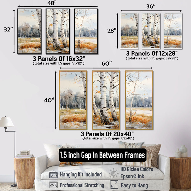 Beige et gris «Birch Beauty III», ensemble d'art mural Birch Tree, Cadre flottant noir, H 32 po x l 48 po x P 1 po