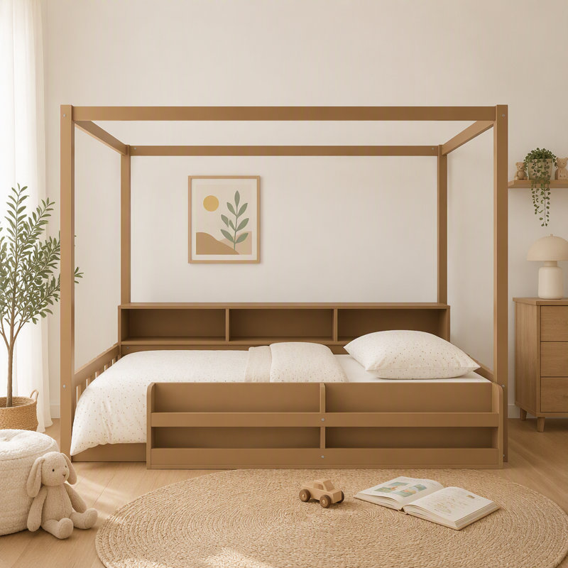 Lit simple à baldaquin en bois avec garde-corps de sécurité Montessori