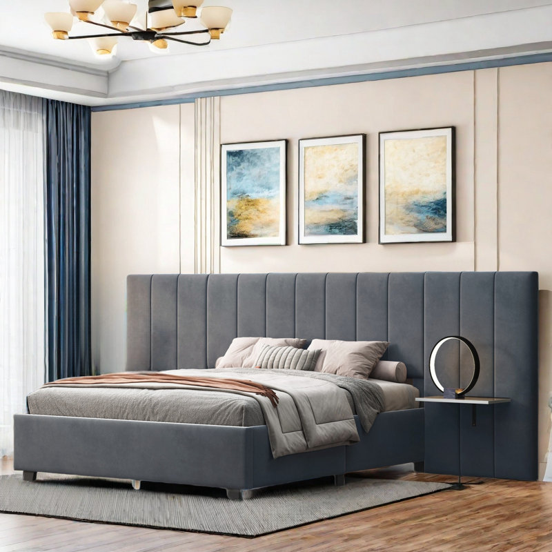 Lit plateforme tapissier avec grande tête de lit Silvestri et deux tablettes intégrées, Grey, Queen