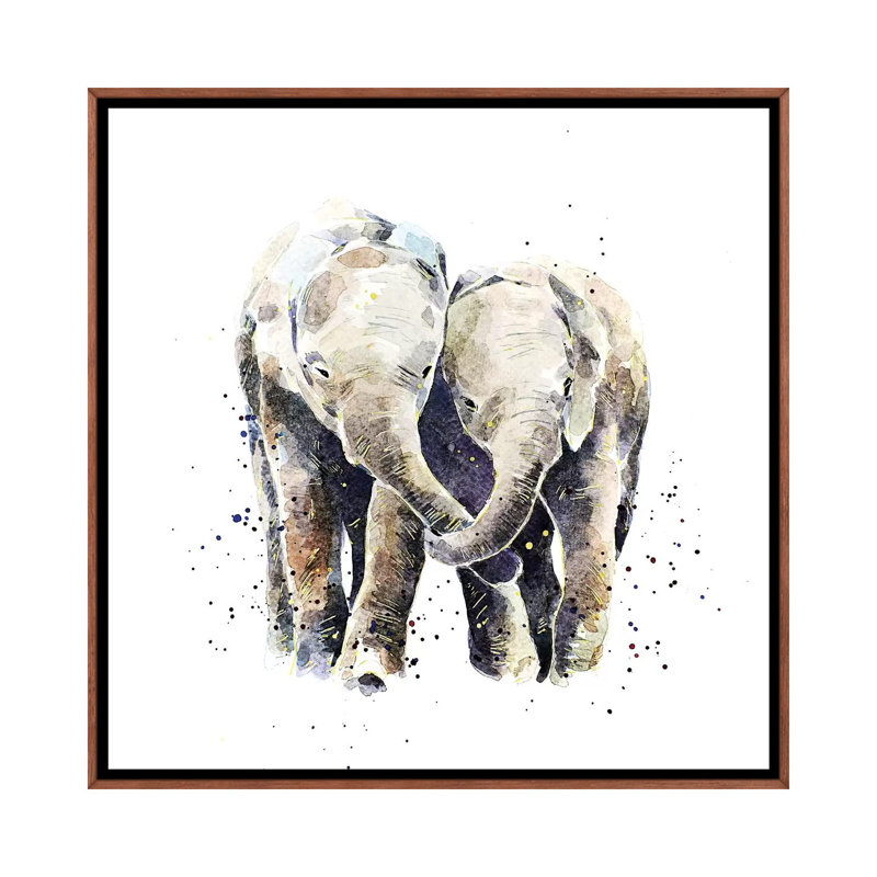 Deux éléphants par EdsWatercolours - impression, Toile avec cadre en bois brun classique, Pas de tapis