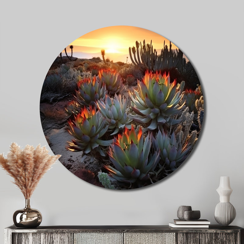 Succulent désert, cactus brûlant, coucher de soleil III - art floral rond en métal, H 23 po x l 23 po