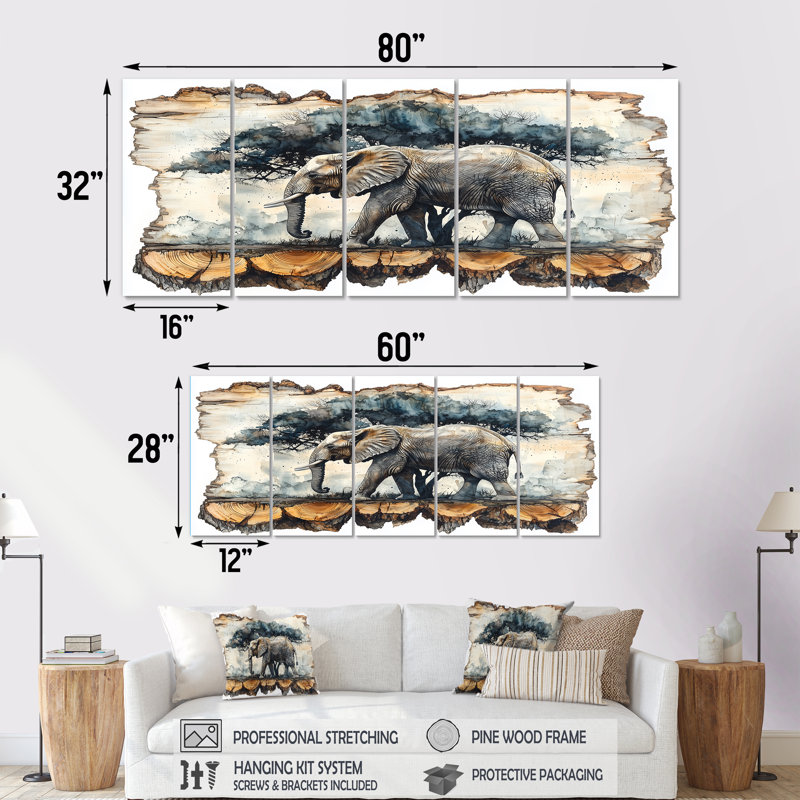 Éléphant sous le baobab, diapositive en bois IV - éléphant, art mural - décoration murale moderne, H 32 po x l 80 po, 5