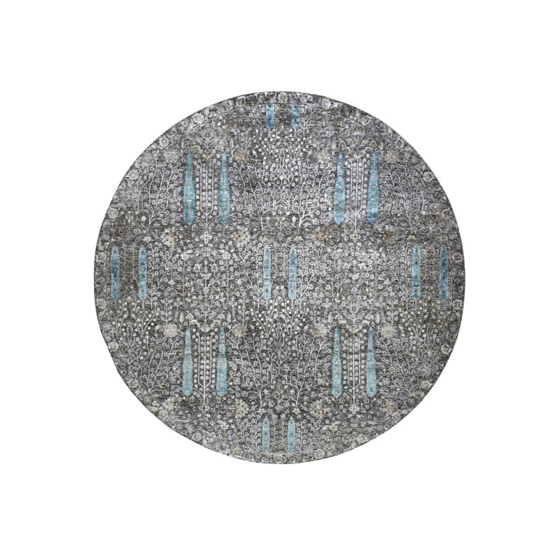 11'9"x11'9" Stone Cypress Tree Silk with Wool Hand Knotted Round Rug 83E2A1327D6F49F1A5634AE357E3EEA1