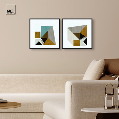 Ensemble de décorations murales colorées «Mustard Geo» par Art Remedy, cadre noir, 16 x 16