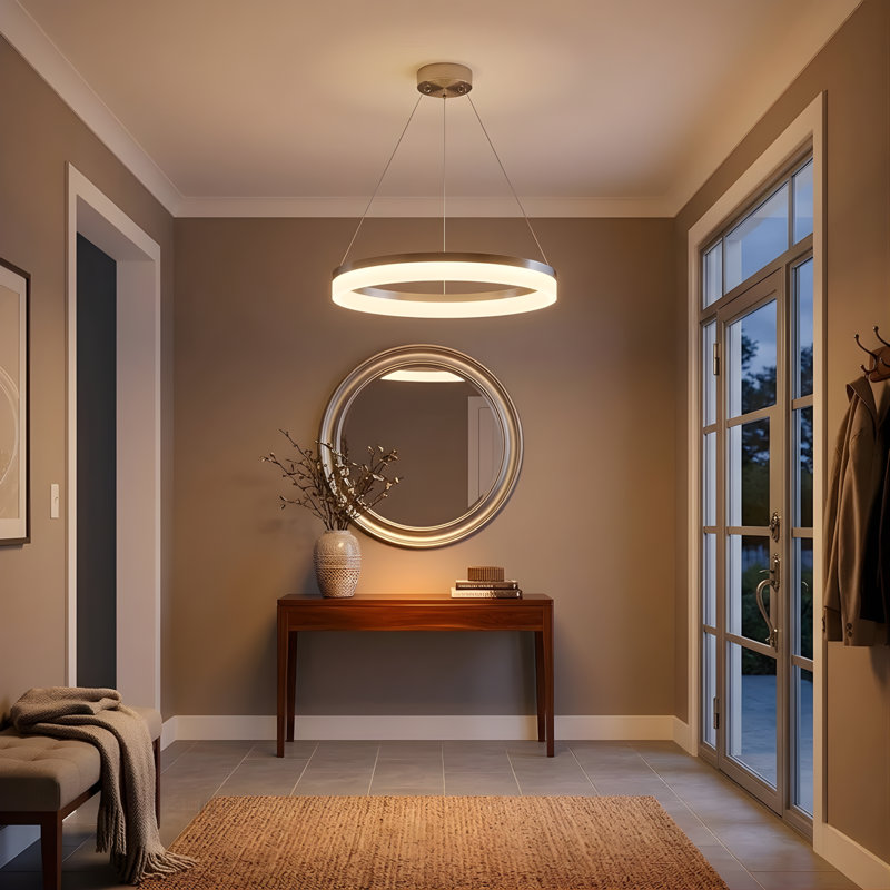 Luminaire suspendu à lentille halo en acrylique 23,5 po de large à finition nickel brossé