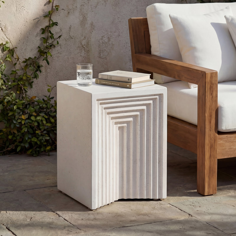 Cayson Outdoor Geometric Texture MGO Side Table with Sculptural Cube Form
