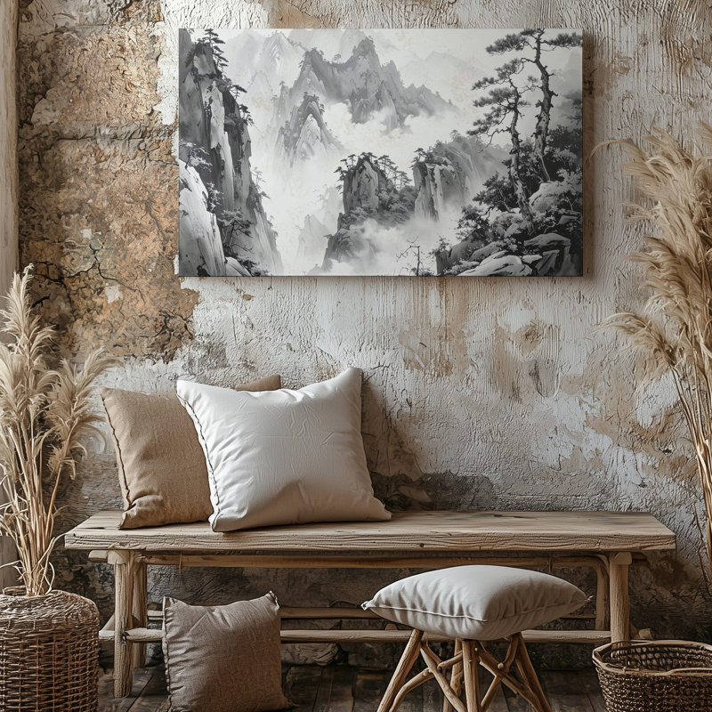 Toile, encre de Chine, paysage de montagne et brume, art mural, H 30 po x l 40 po