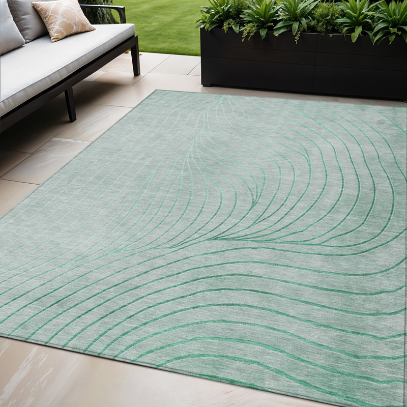 Tapis extérieur lavable abstrait vert menthe et argent 5 pi x 8 pi