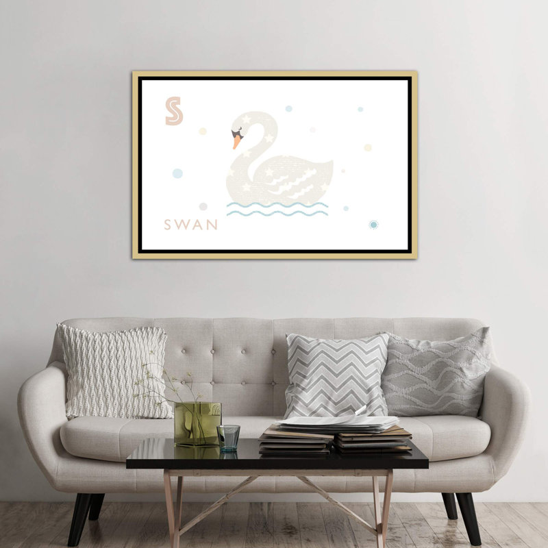 Cygne - imprimé, Pas de tapis, H 40 po x l 60 po x 1,5 po, Toile encadrée d'or
