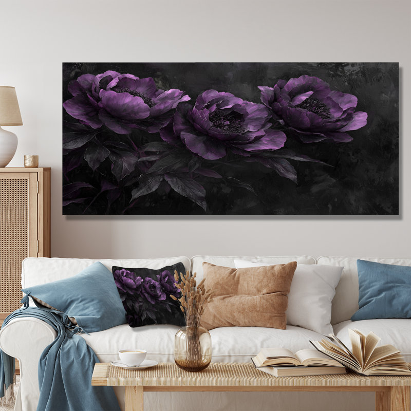 Mauve, noir, pivoines, minuit, fleur, pivoines, art mural encadré, H 28 po x l 60 po, Toile tendue, Ne s’applique pas