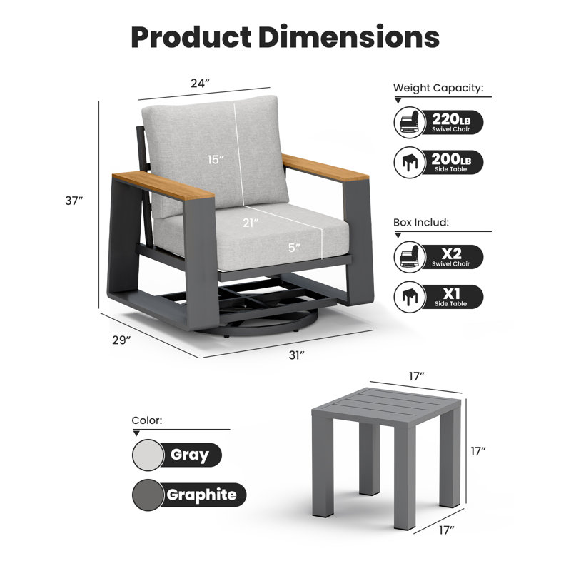 Ensemble de conversation pivotant en aluminium pour 2 personnes avec coussins en oléfine et table d'appoint