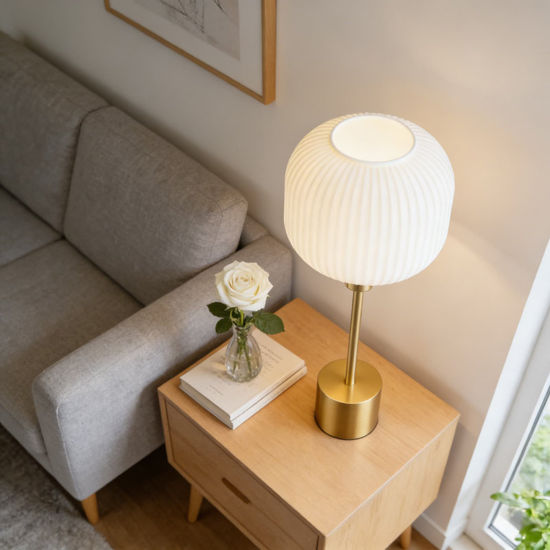 Modern Table Lamp With Ribbed Glass Shade, 3-Way Dimmable Touch Control Bedside Lamp For Bedroom Or Living Room, Includes Warm 2700K LED Bulb