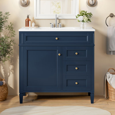Meuble-lavabo 36 po avec lavabo supérieur, meuble-lavabo moderne avec 2 tiroirs et tiroir escamotable, meuble-lavabo simple
