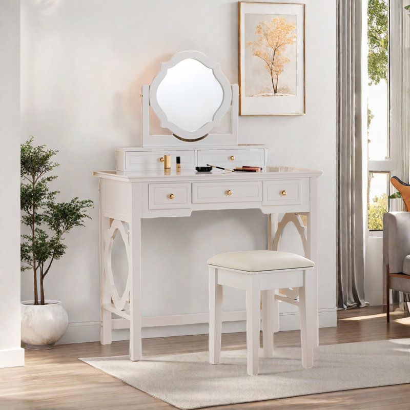 Elegant Makeup Vanity Table With Reversible Four-leaf Shaped Mirror, 5 Drawers, Golden Round Handles And A Stool