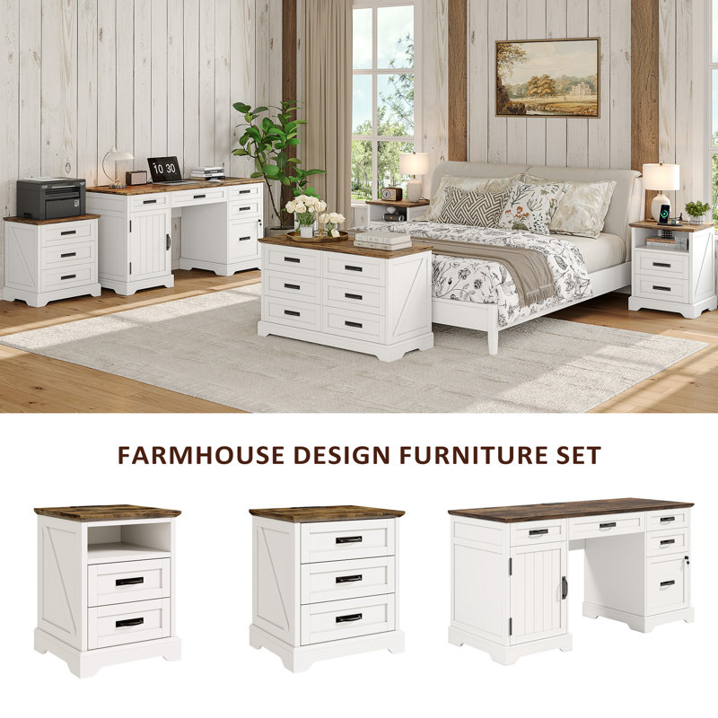 Farmhouse Nightstand with Charging Station, 3 Drawers Bedside Table, 22-inch Wide End Table for Bedroom, Living Room