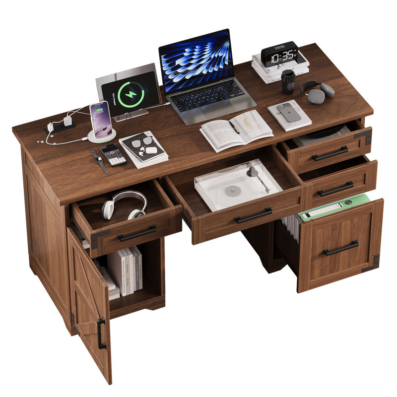 Bureau de direction 55 po avec station de charge et prise de courant, bureau d'ordinateur personnel avec 5 tiroirs et armoire, table de travail en bois rustique avec tiroir classeur