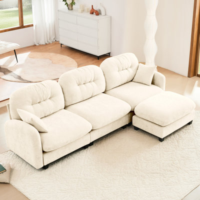 Canapé modulaire à 3 places, modulaire en tissu de chenille, ensemble de ressorts, siège en L beige avec chenille plissée de haute qualité et ergonomique