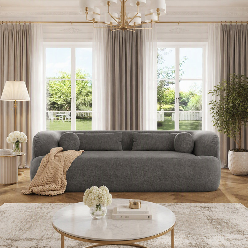 Canapé en chenille sans os avec coussins, Gris chenille, Gris