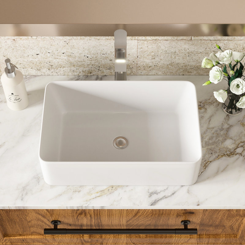 White Ceramic Bathroom Vessel Sink 21"X14" - Elegant Design With 1 3/4" Center Drain Hole And Smooth Surface Low Water Absorption Rectangular Generous