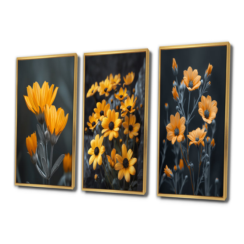 Fleurs de maïs monochromes jaunes et grises Grace I - Collection d'art mural traditionnel, H 40 po x l 60 po, Doré