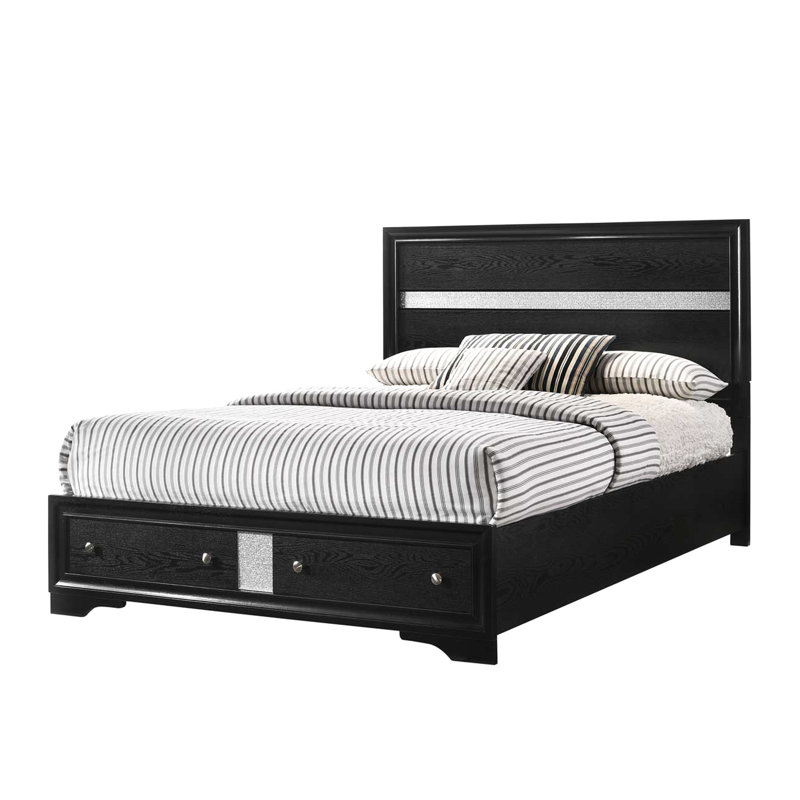 Lit traditionnel traditionnel en bois noir avec fonction de rangement, solide et rembourré, matériaux de chambre à coucher confortables, deux tiroirs, conception de haute qualité