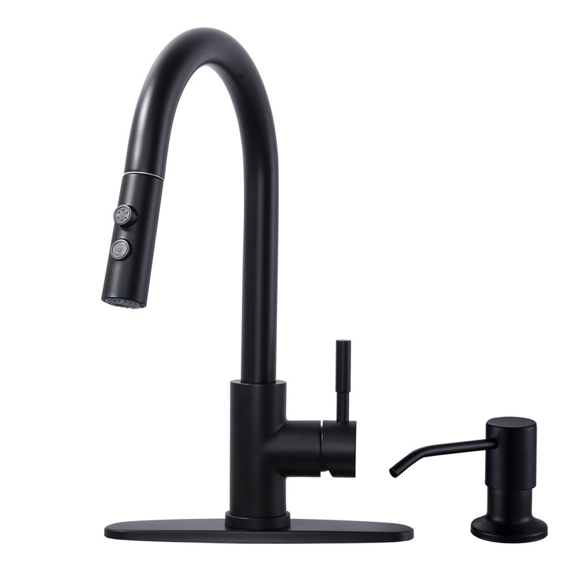Robinet de cuisine noir mat à poignée simple avec distributeur de savon