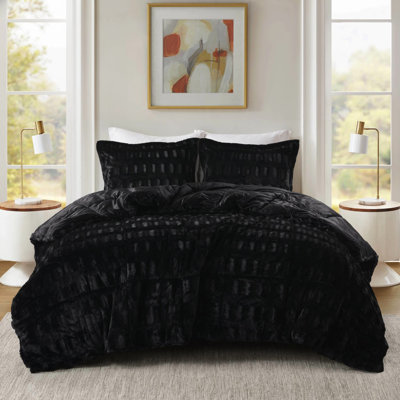 Édredon en fausse fourrure unie simple / simple TG en noir, 2 taies décoratives avec bride - pouces, rembourrage, lavage à la machine séparément pour le noir, fourrure brossée élégante, revers en vison doux et bourre d'air avant utilisation