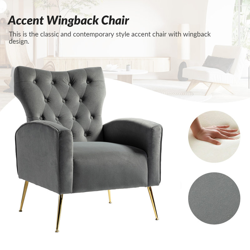 Tonas Upholstered Wingback Chair, Grey Velvet